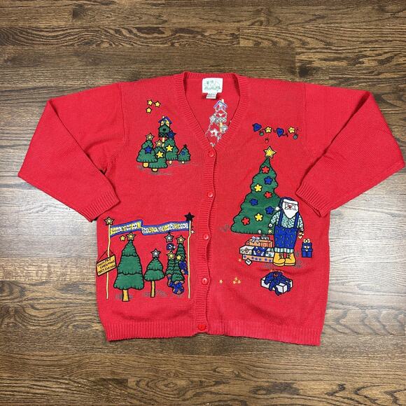 Quacker Factory Sweater Womens Large Red Christmas Tree Santa Cardigan Ugly - Picture 1 of 11